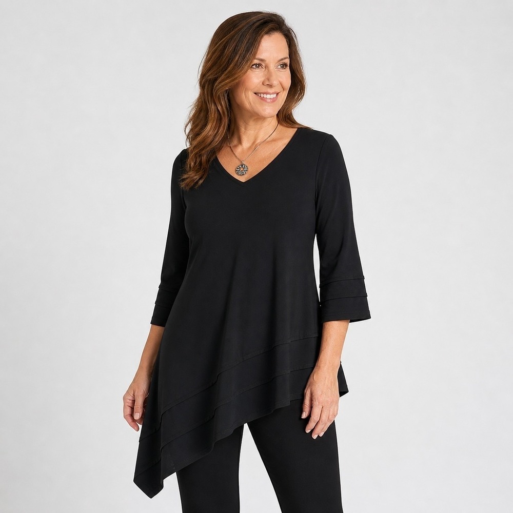 Sympli Womens Black Tunic Top M Asymmetrical Hem 3/4 Sleeve Stretch Made Canada